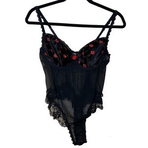 Vintage Black Lace Red Rose Floral Sheer Heart Shape Bodysuit